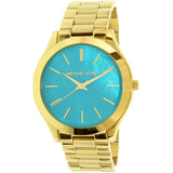  Shop Authentic Michael Kors Slim Runway Blue Mother of Pearl Dial Gold Steel Strap Watch for Women - MK3492 - Luxxuri