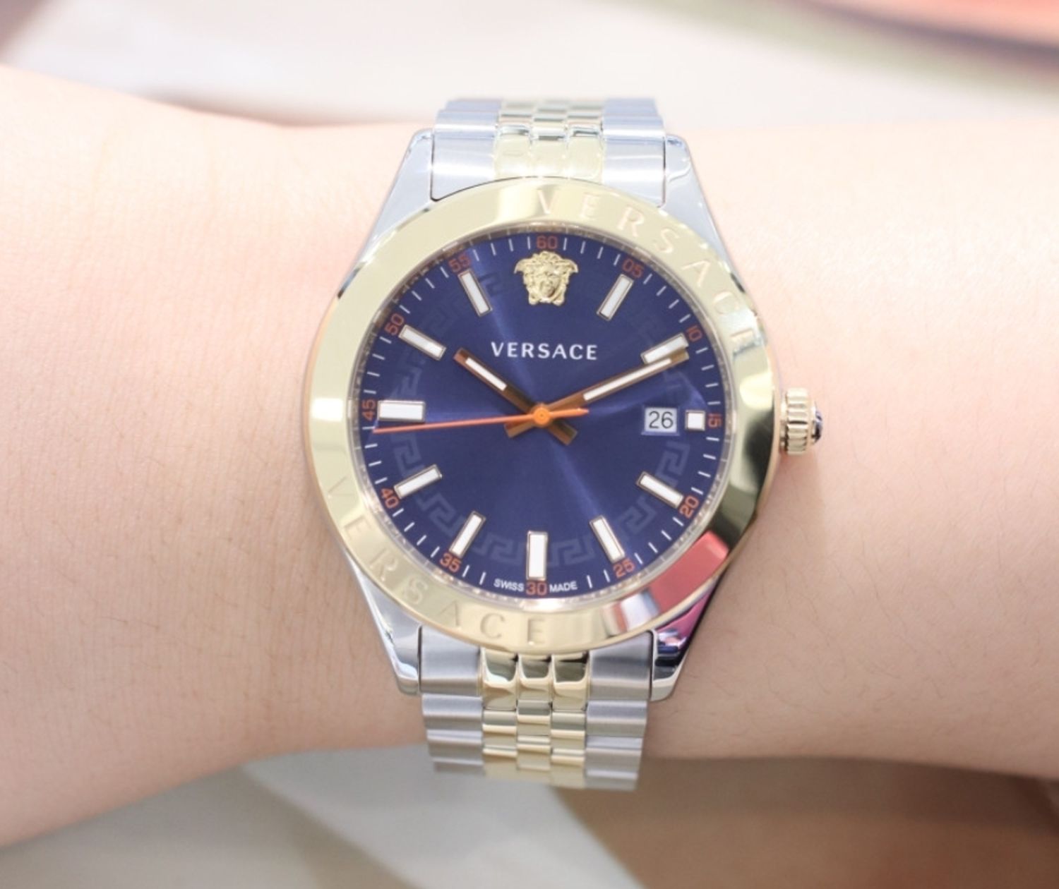  Shop Authentic Versace Hellenyium Quartz Blue Dial Two Tone Steel Strap Watch for Men - VEVK00520 - Luxxuri