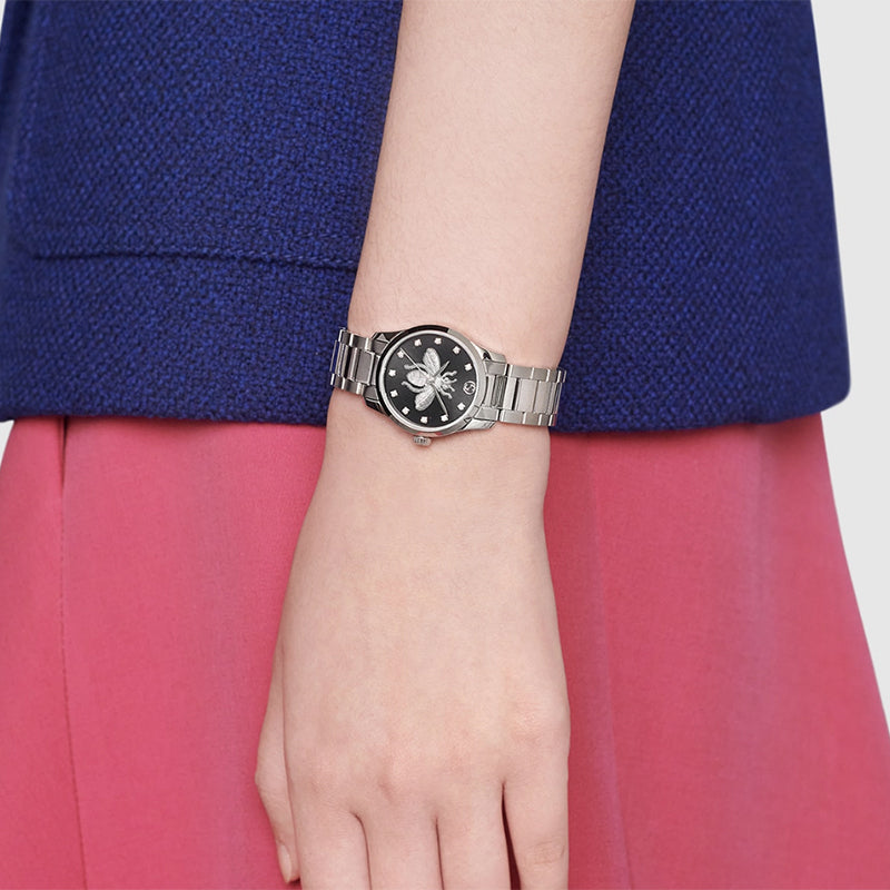  Shop Authentic Gucci G Timeless Quartz Diamonds Black Dial Silver Steel Strap Watch For Women - YA1265024 - Luxxuri