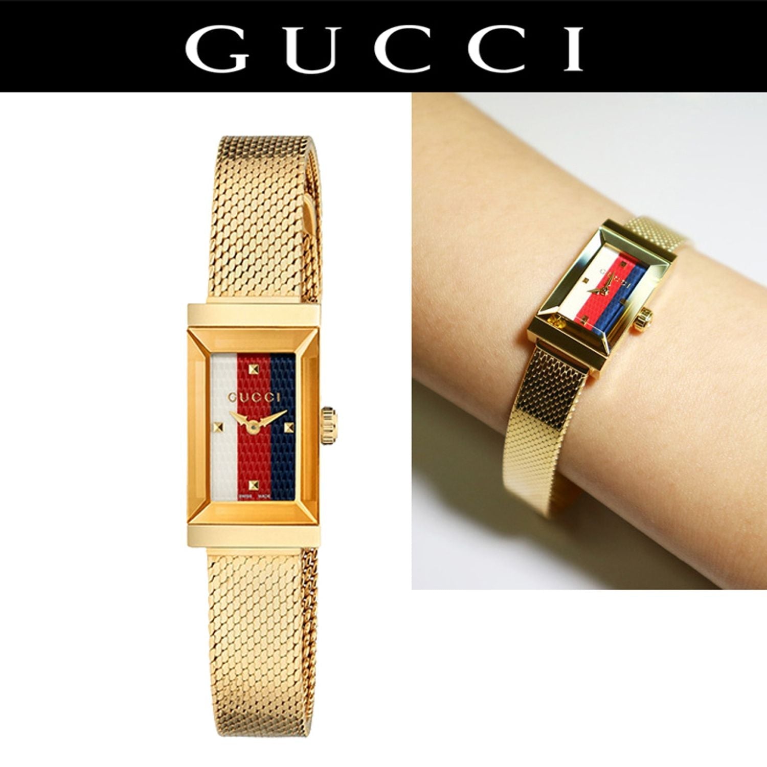  Shop Authentic Gucci G Frame Quartz Diamonds White Red Blue Dial Gold Mesh Bracelet Watch For Women - YA147511 - Luxxuri