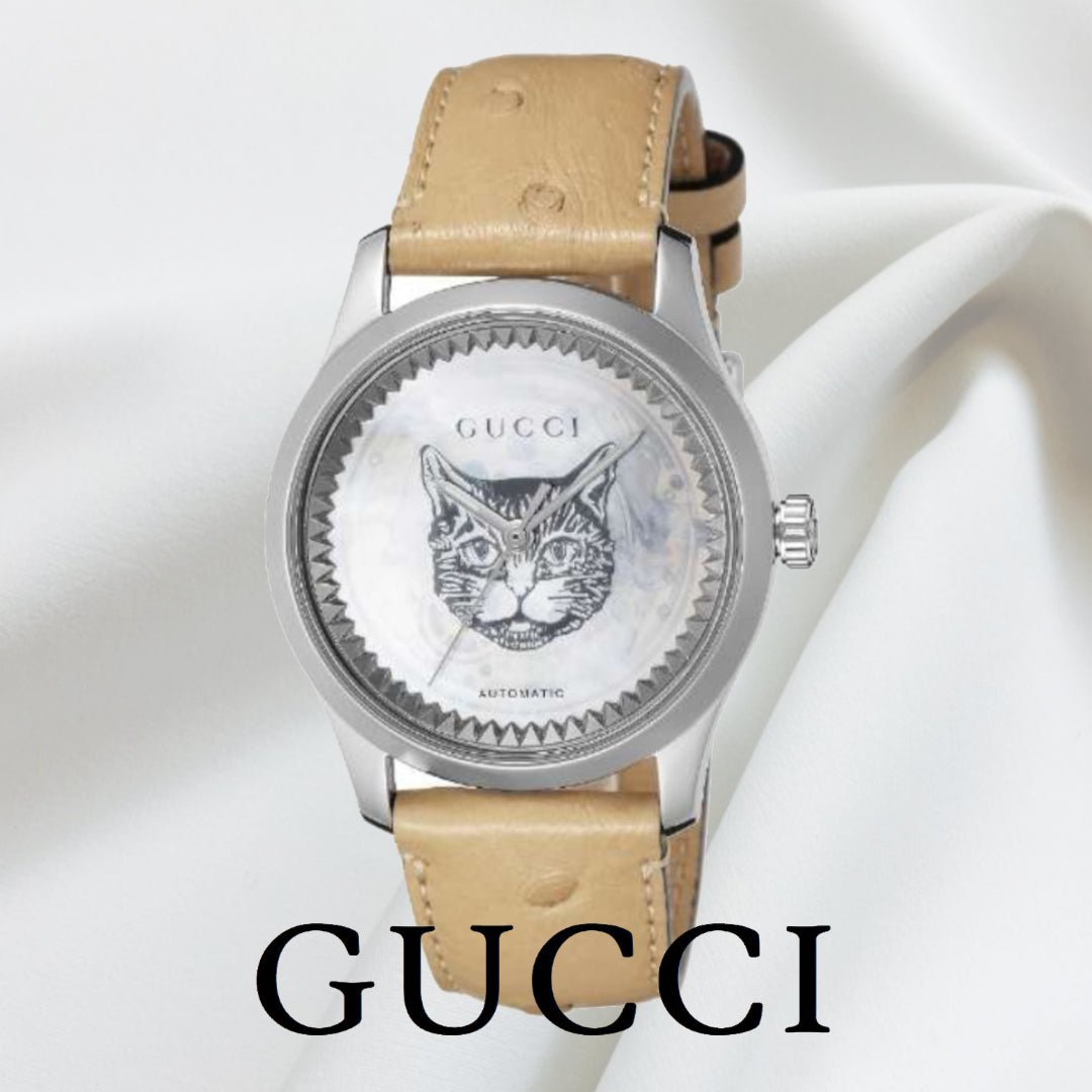  Shop Authentic Gucci G Timeless Automatic Mother of Pearl Dial Brown Leather Strap Watch For Women - YA1264112 - Luxxuri