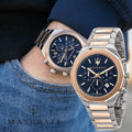  Shop Authentic Maserati Stile Chronograph Blue Dial Rose Gold Two Tone Strap Watch For Men - R8873642002 - Luxxuri