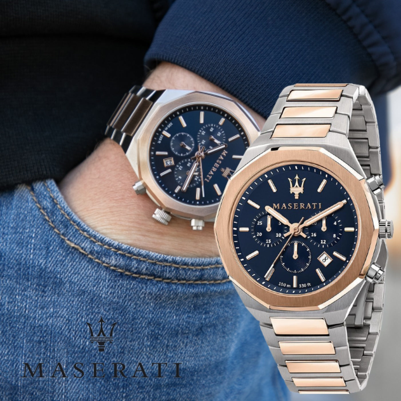  Shop Authentic Maserati Stile Chronograph Blue Dial Rose Gold Two Tone Strap Watch For Men - R8873642002 - Luxxuri