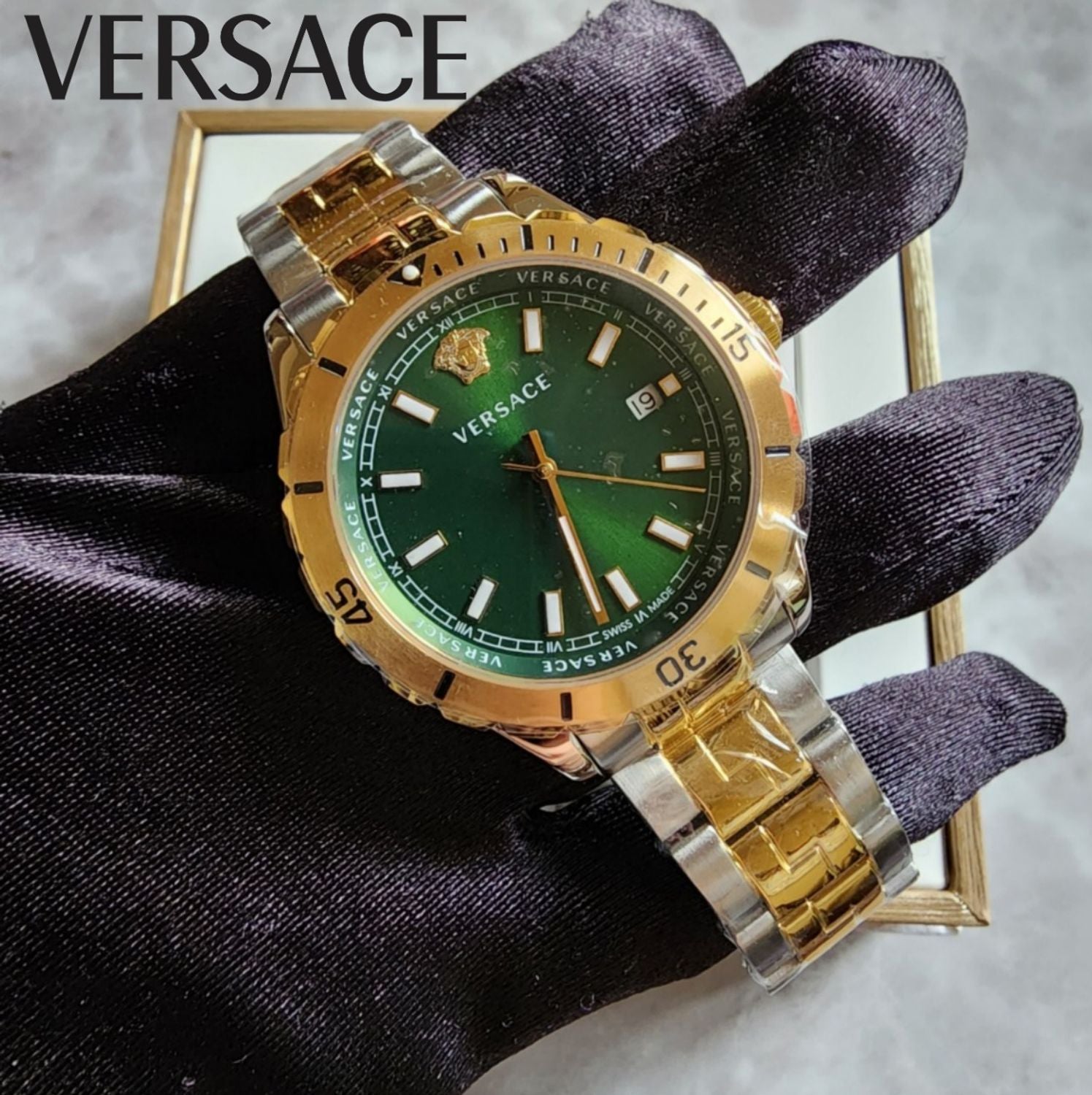  Shop Authentic Versace Hellenyium Quartz Green Dial Two Tone Steel Strap Watch For Men - VE3A00720 - Luxxuri