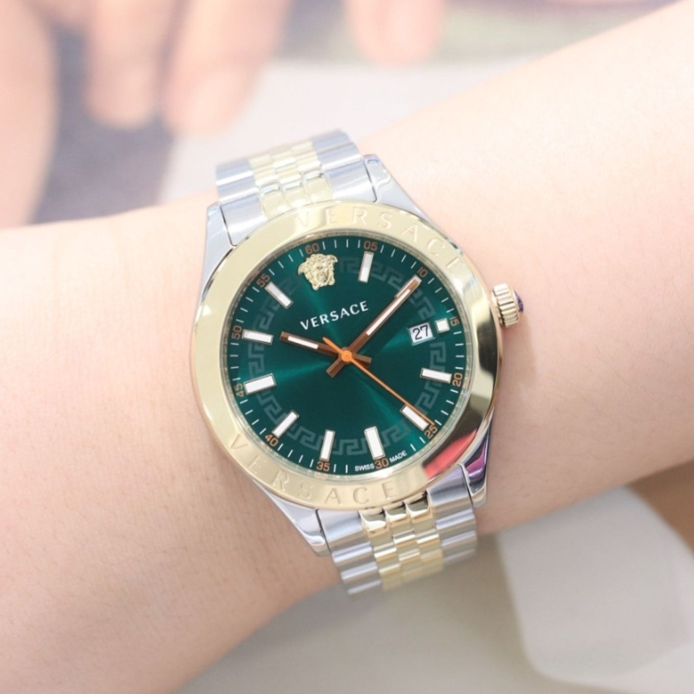 Versace Hellenyium Green Dial Two Tone Steel Strap Watch for Women - VEVH00620