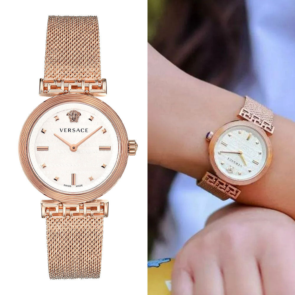 Shop Authentic Versace Meander White Dial Rose Gold Mesh Bracelet Watch for Women - VELW00620 - Luxxuri