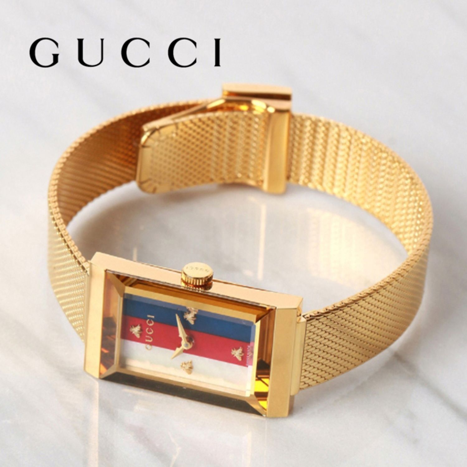  Shop Authentic Gucci G-Frame Mother of Pearl Dial Yellow Gold Mesh Bracelet Watch For Women - YA147410 - Luxxuri