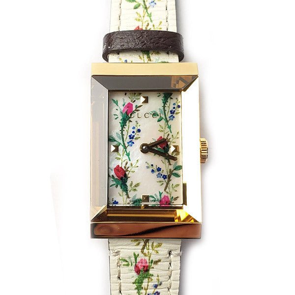  Shop Authentic Gucci G-Frame Floral Mother of Pearl Dial White Leather Strap Watch For Women - YA147407 - Luxxuri
