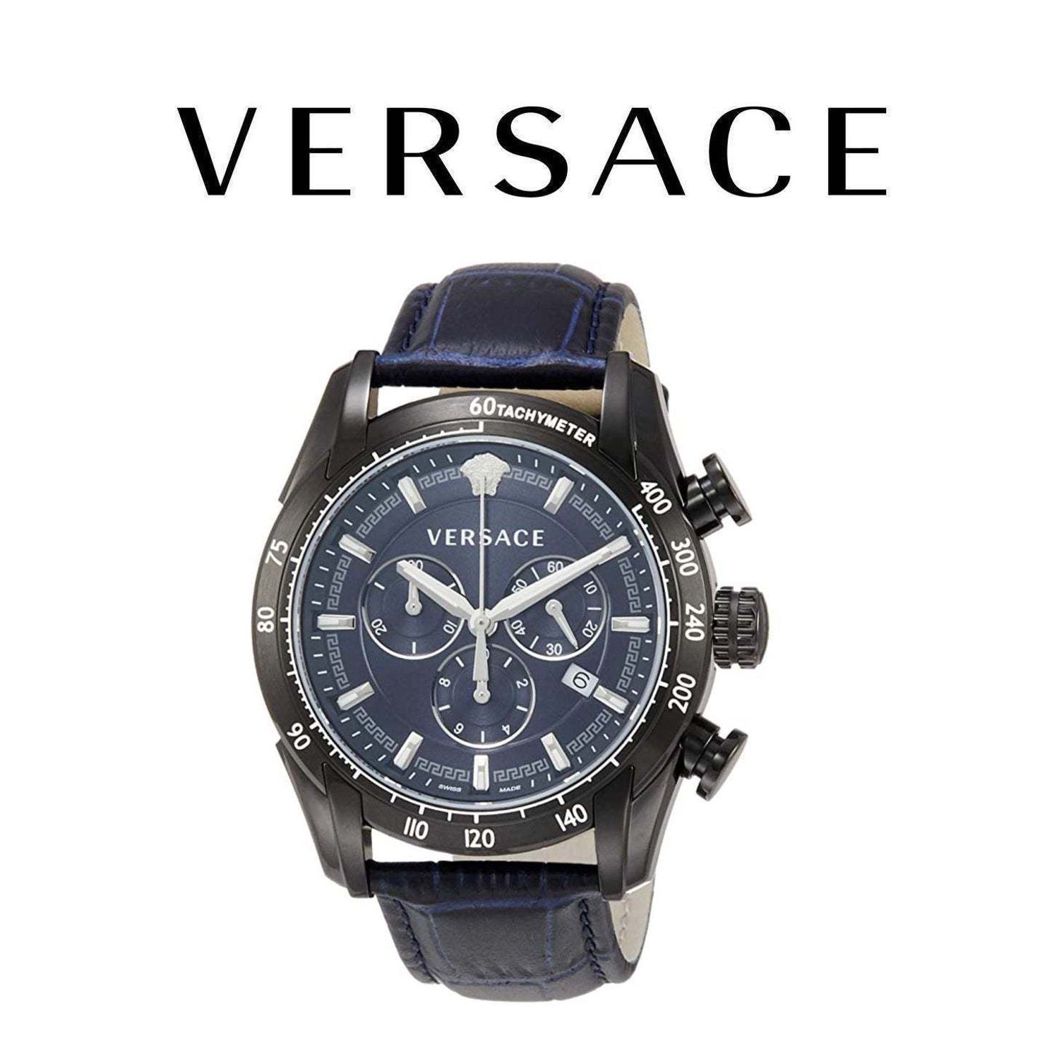  Shop Authentic Versace V-Ray Chronograph Quartz Blue Dial Black Leather Strap Watch For Men - VEDB00418 - Luxxuri