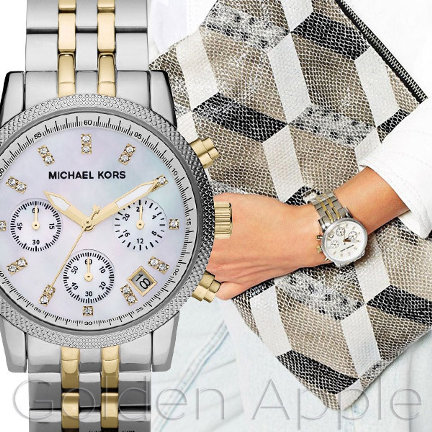  Shop Authentic Michael Kors Ritz Chronograph White Dial Two Tone Steel Strap Watch for Women - MK5057 - Luxxuri