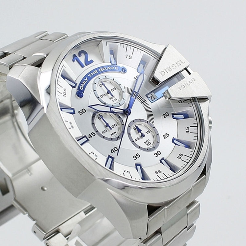  Shop Authentic Diesel Mega Chief Chronograph Silver Dial Silver Steel Strap Watch For Men - DZ4477 - Luxxuri