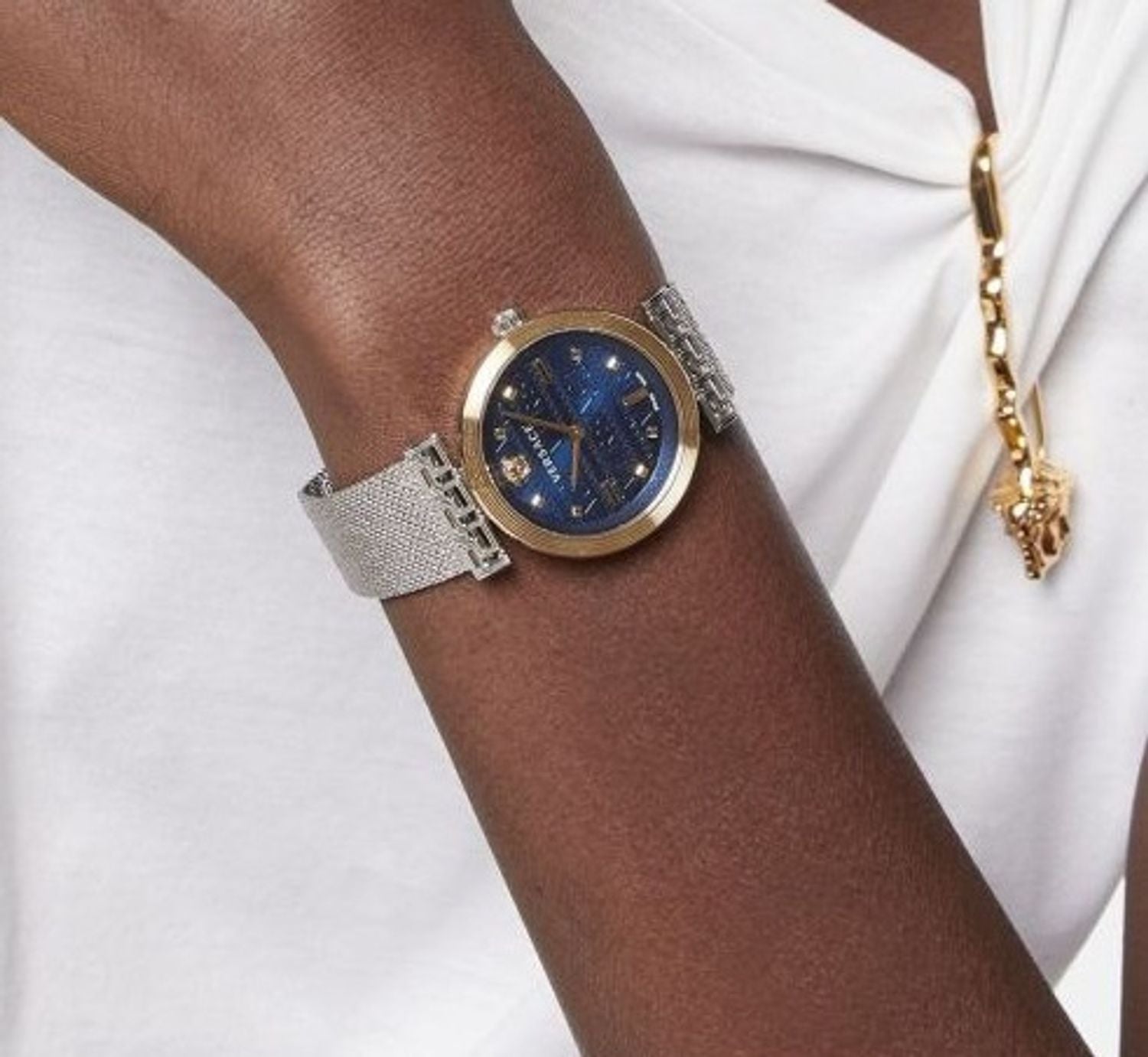  Shop Authentic Versace Meander Blue Dial Silver Mesh Bracelet Watch for Women - VELW00520 - Luxxuri