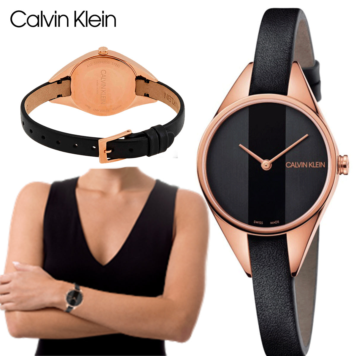  Shop Authentic Calvin Klein Rebel Black Dial Black Leather Strap Watch for Women - K8P236C1 - Luxxuri