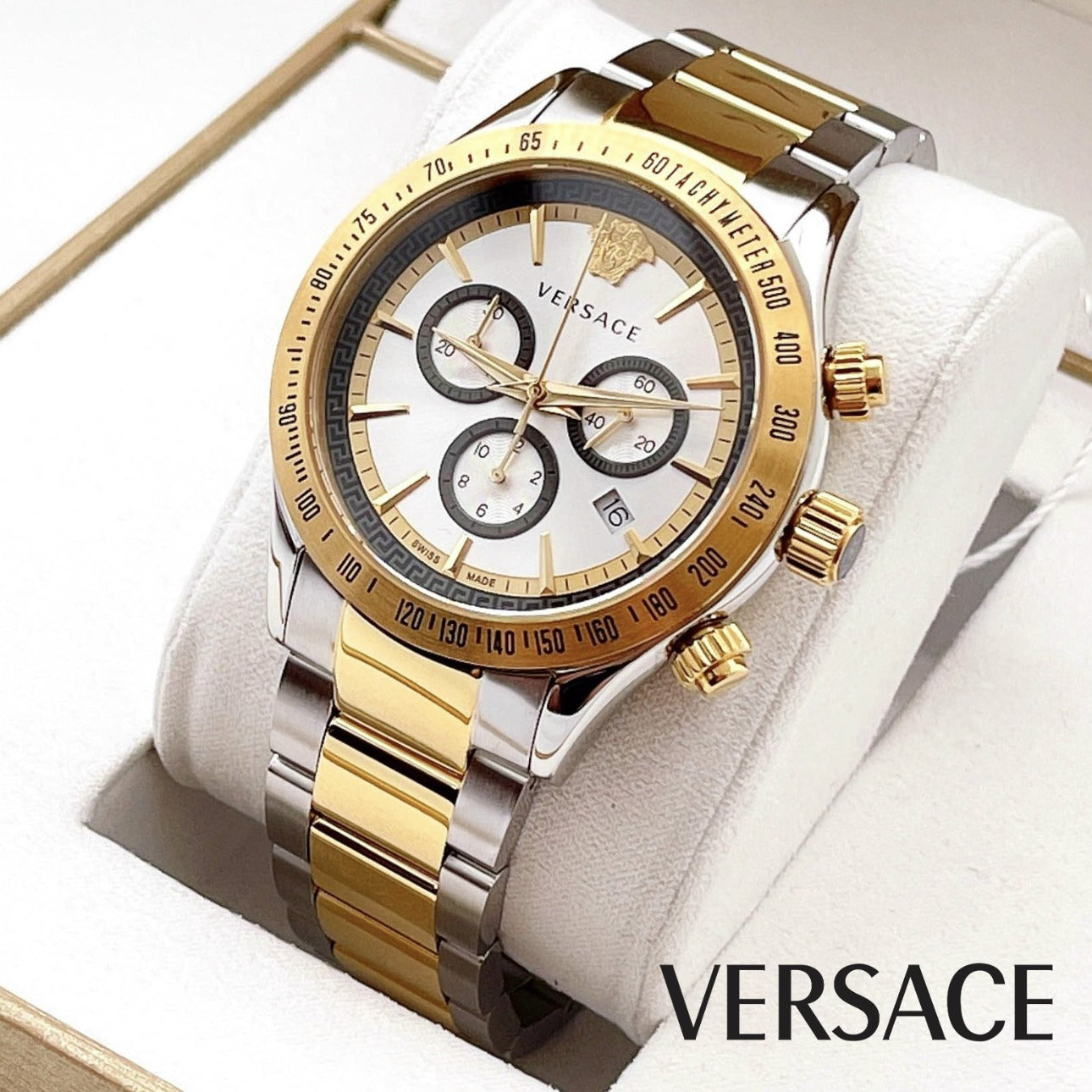  Shop Authentic Versace Classic Chronograph Quartz Silver Dial Two Tone Steel Strap Watch For Men - VEV700519 - Luxxuri