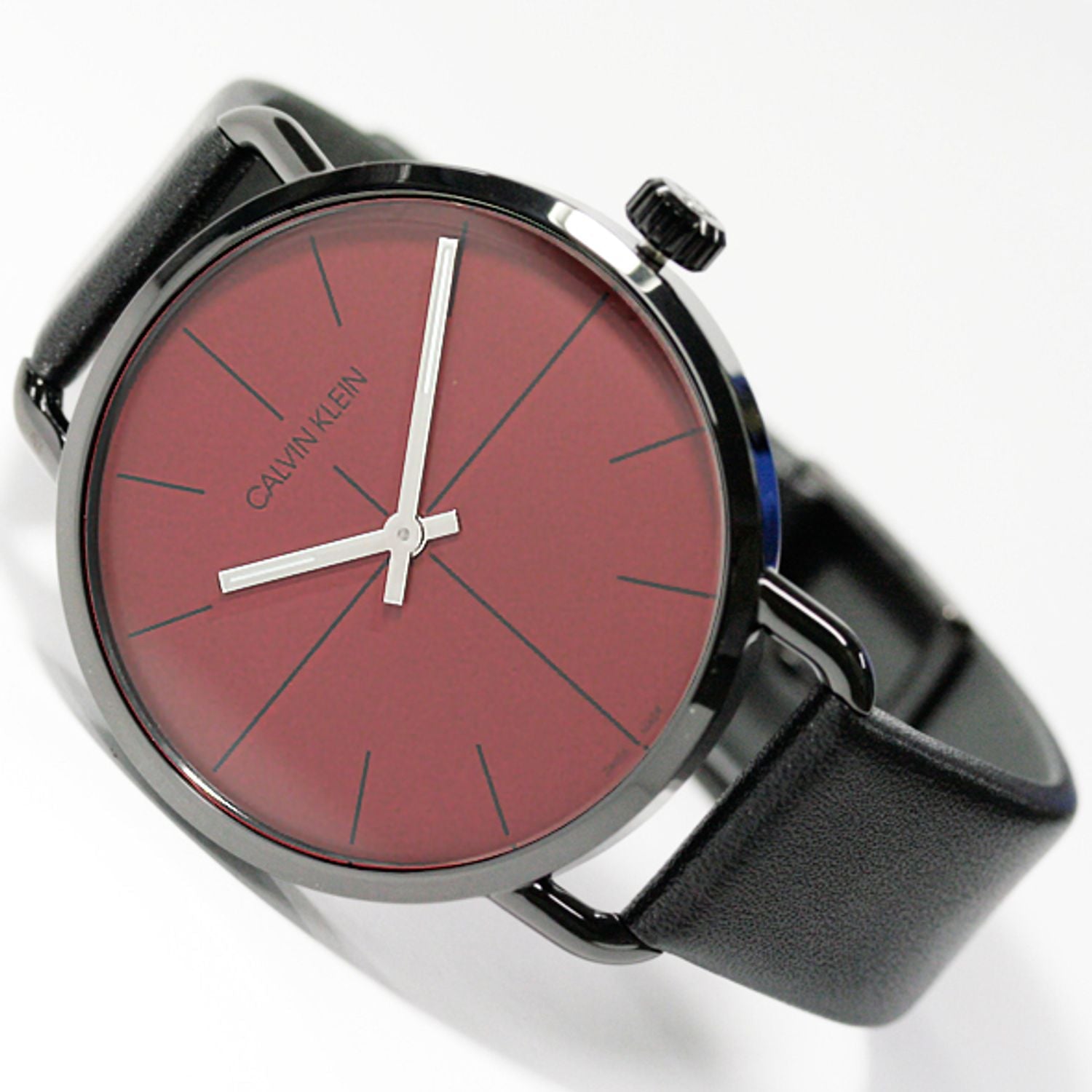  Shop Authentic Calvin Klein Even Maroon Dial Black Leather Strap Watch for Men - K7B214CP - Luxxuri