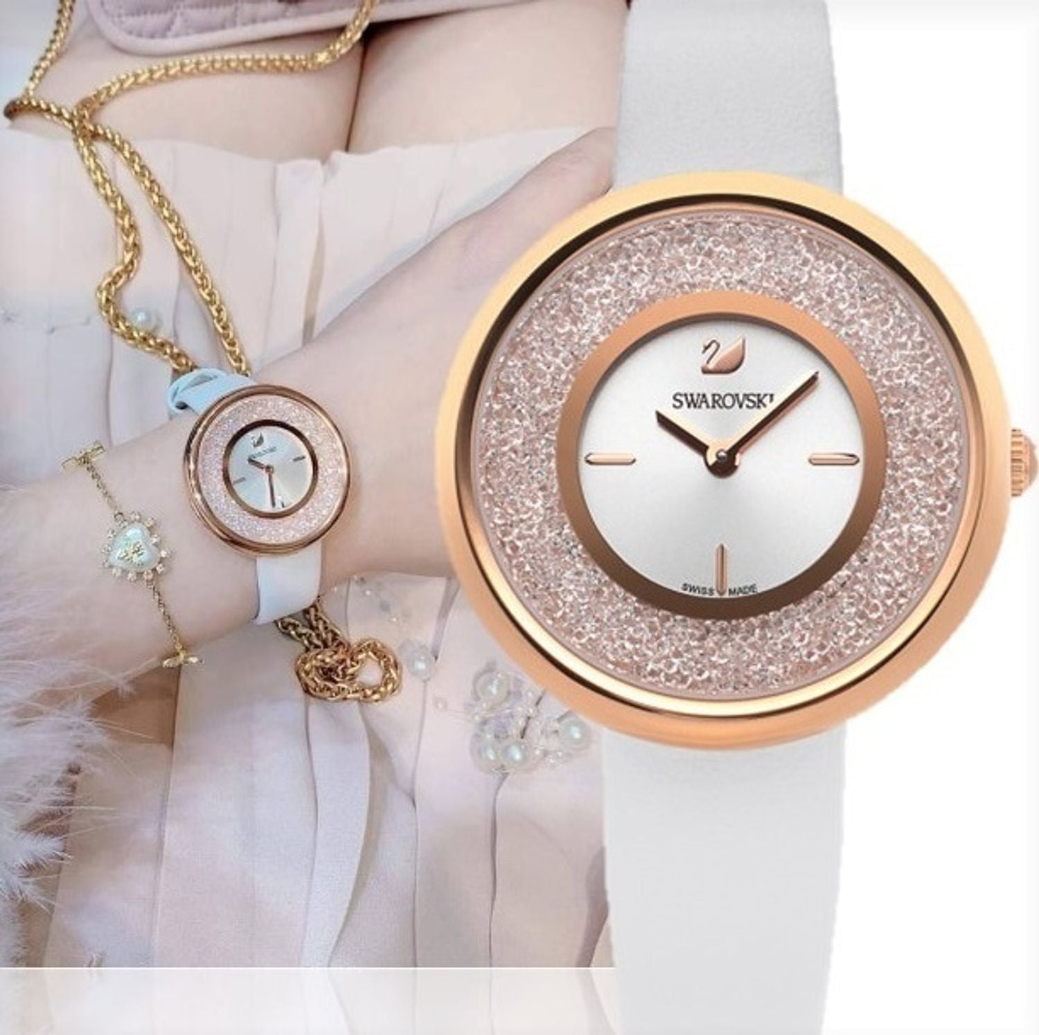  Shop Authentic Swarovski Crystalline Pure White Dial White Leather Strap Watch for Women - 5376083 - Luxxuri