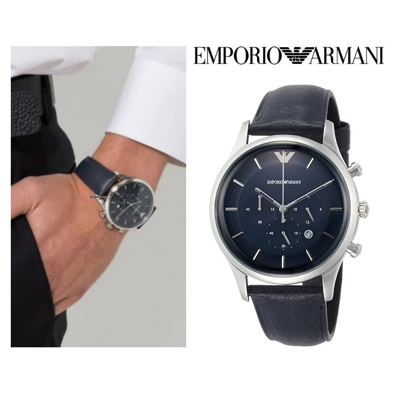 Emporio Armani Lambda Chronograph Blue Dial Blue Leather Strap Watch For Men - AR11018