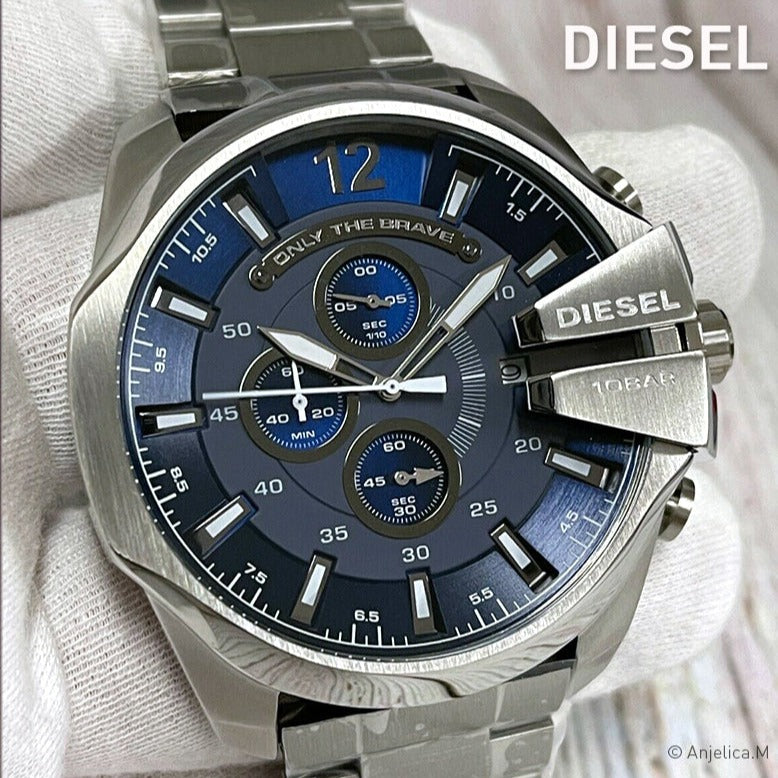 Diesel Mega Chief Chronograph Blue Dial Silver Steel Strap Watch For Men - DZ4417