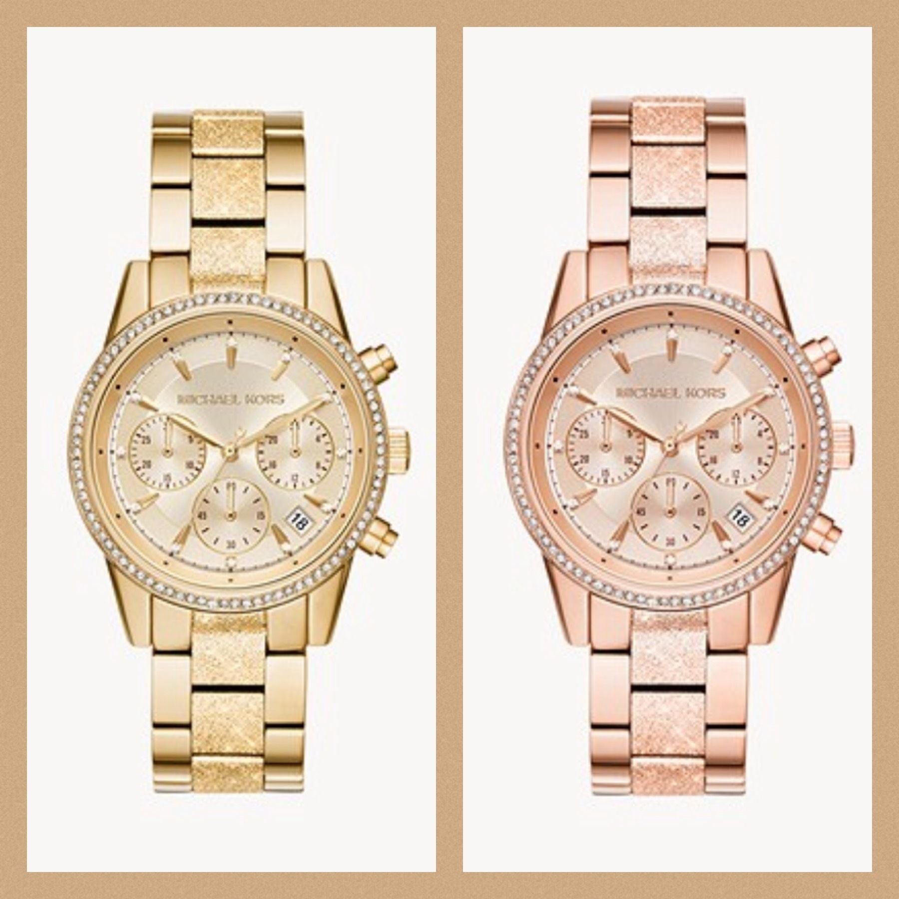 Michael Kors Ritz Chronograph Gold Dial Gold Steel Strap Watch For Women - MK6597