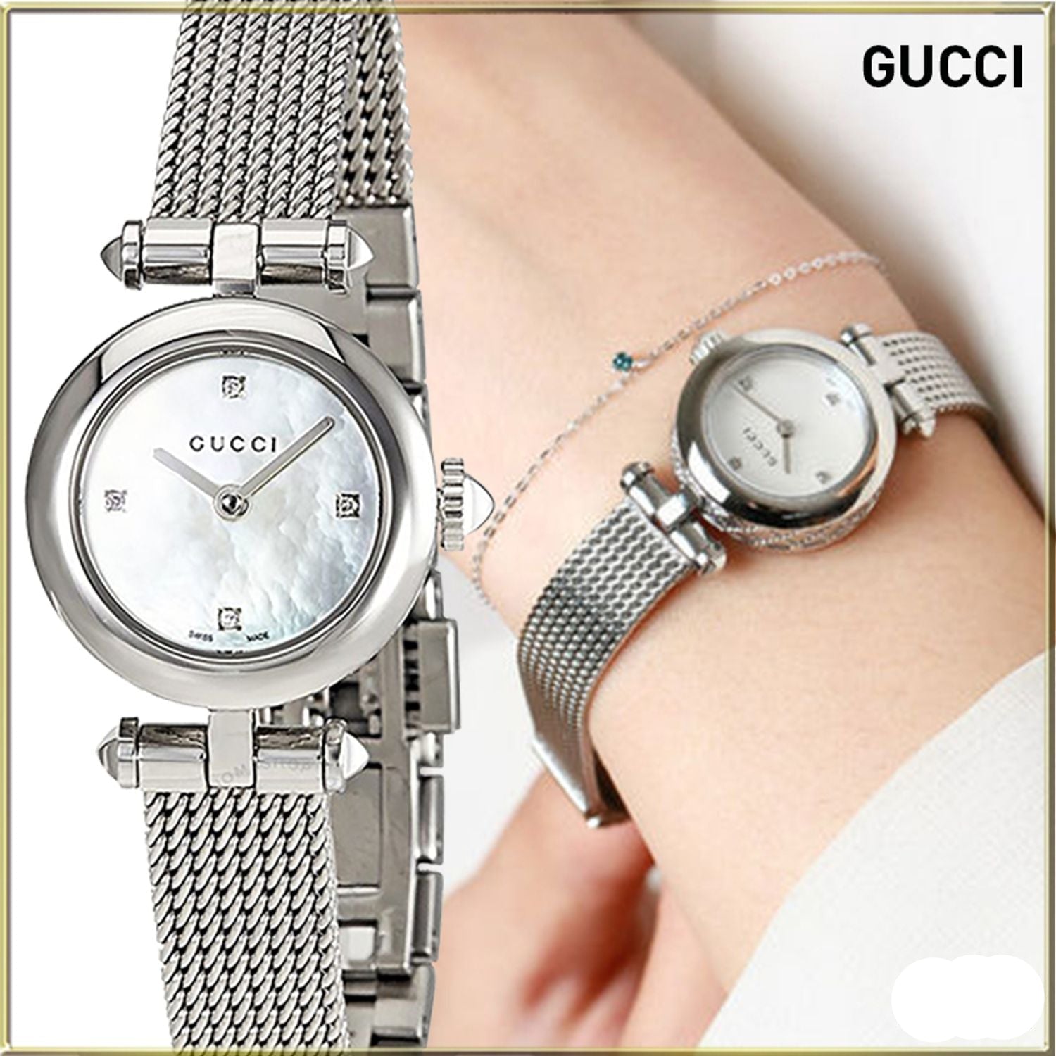  Shop Authentic Gucci Diamantissima Diamonds Mother of Pearl Dial Silver Mesh Bracelet Watch for Women - YA141512 - Luxxuri