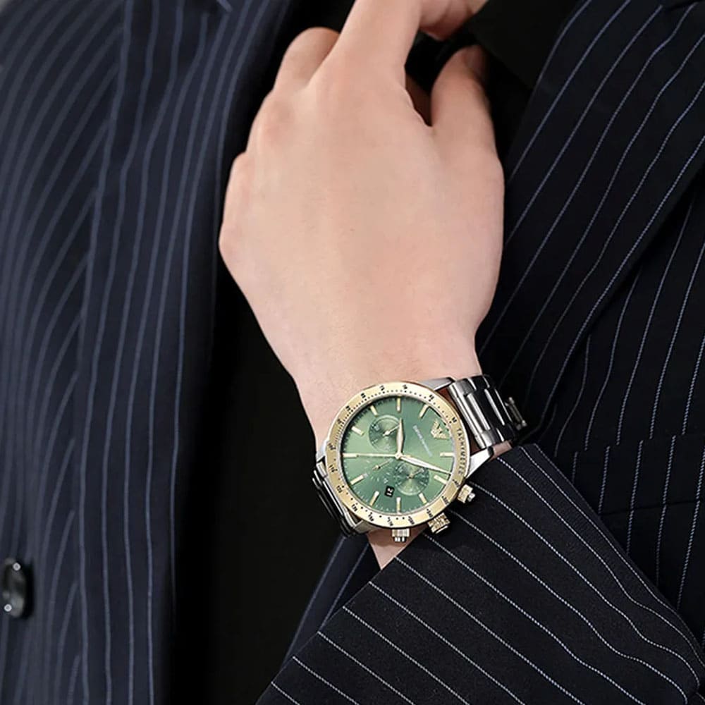  Shop Authentic Emporio Armani Mario Chronograph Green Dial Silver Steel Strap Watch For Men - AR11454 - Luxxuri