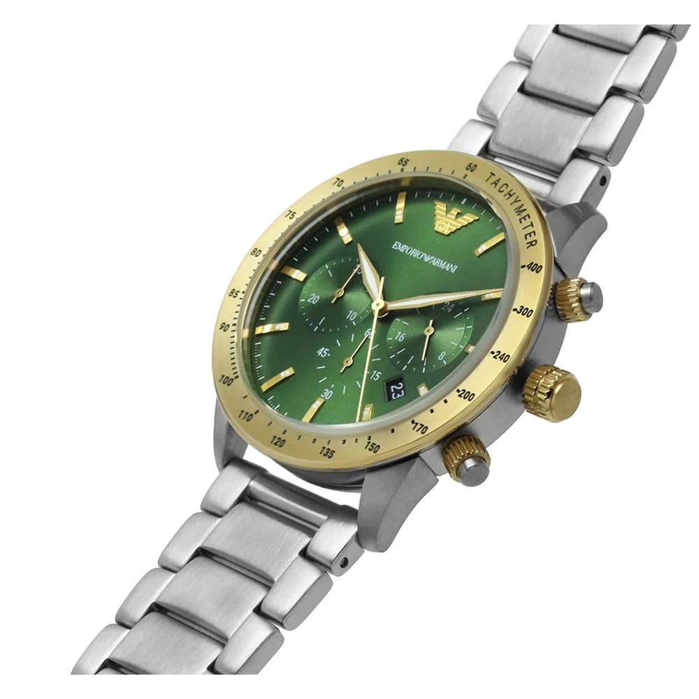  Shop Authentic Emporio Armani Mario Chronograph Green Dial Silver Steel Strap Watch For Men - AR11454 - Luxxuri