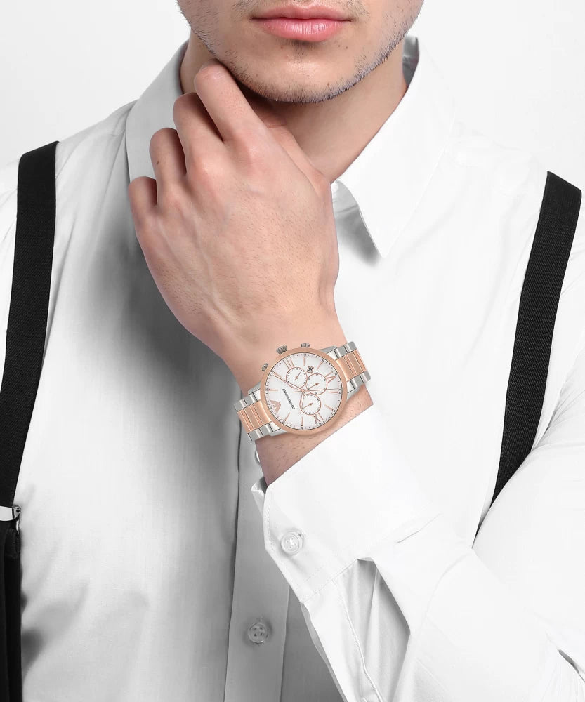  Shop Authentic Emporio Armani Giovanni Chronograph Quartz White Dial Two Tone Steel Strap Watch For Men - AR11209 - Luxxuri