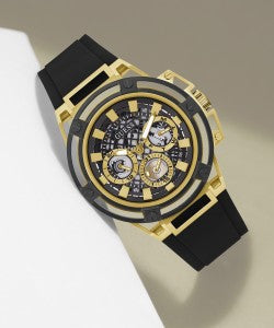  Shop Authentic Guess Matrix Multifunction Gold Dial Black Rubber Strap Watch For Men - GW0423G2 - Luxxuri