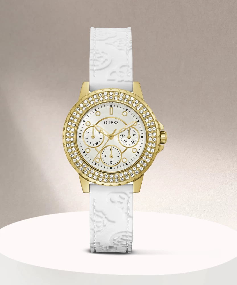  Shop Authentic Guess Crown Jewel Multifunction Diamonds White Dial White Leather Strap Watch for Women - GW0411L1 - Luxxuri