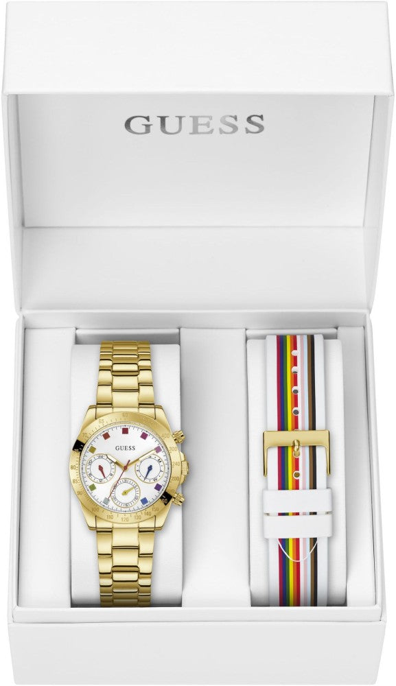  Shop Authentic Guess Exclusive Multi Color White Dial Gold Steel Strap Watch for Women - GW0457L1 - Luxxuri