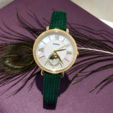  Shop Authentic Fossil Jacqueline Multifunction Moonphase Mother of Pearl White Dial Green Leather Strap Watch for Women - ES5244 - Luxxuri