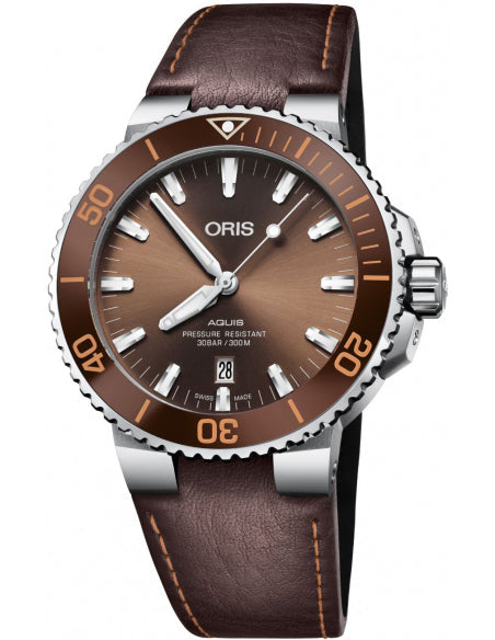  Shop Authentic Oris Aquis Date Brown Dial Brown Leather Strap Watch for Men - 0173377304152-0752412EB - Luxxuri