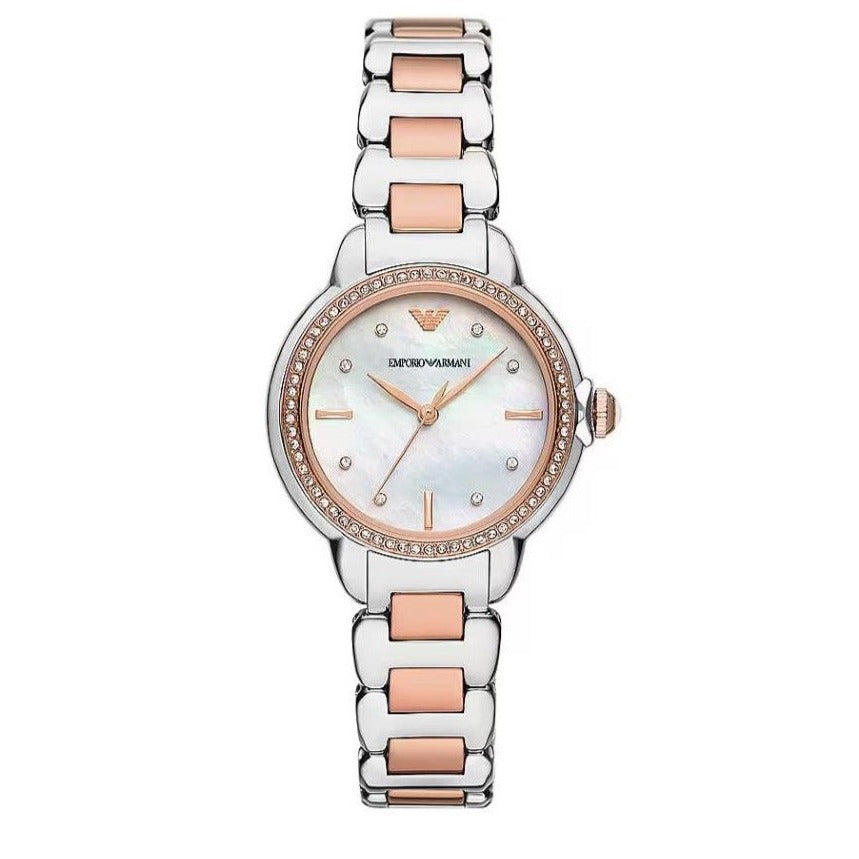  Shop Authentic Emporio Armani Three Hand Quartz Mother of Pearl Dial Two Tone Steel Strap Watch For Women - AR11569 - Luxxuri