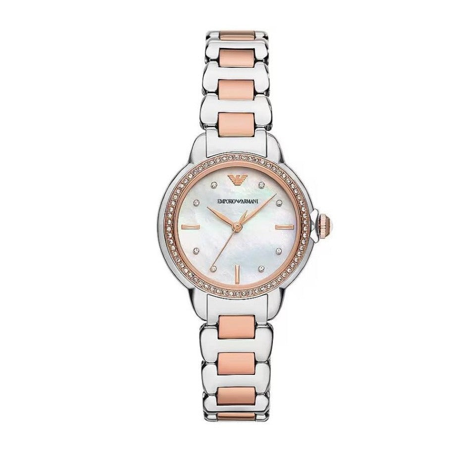  Shop Authentic Emporio Armani Three Hand Quartz Mother of Pearl Dial Two Tone Steel Strap Watch For Women - AR11569 - Luxxuri