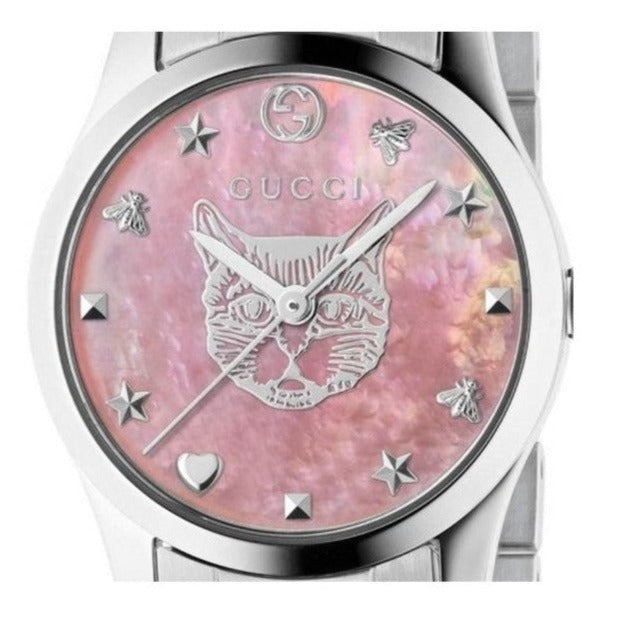  Shop Authentic Gucci G Timeless Quartz Mother of Pearl Pink Dial Silver Steel Strap Watch For Women - YA1265013 - Luxxuri