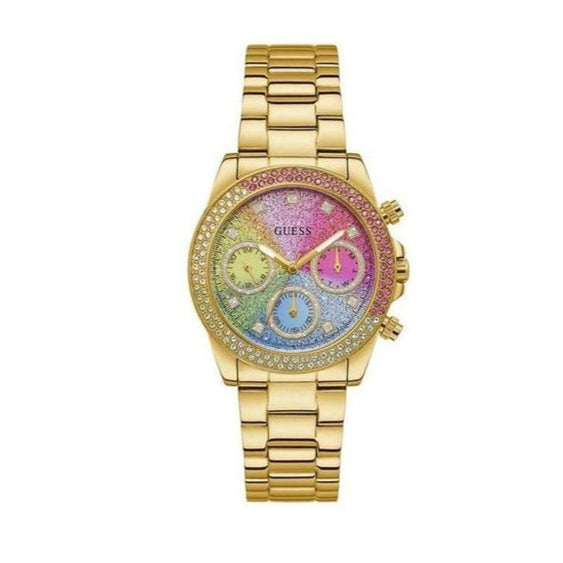  Shop Authentic Guess Confetti Chronograph Rainbow Dial Gold Steel Strap Watch For Women  - GW0483L4 - Luxxuri