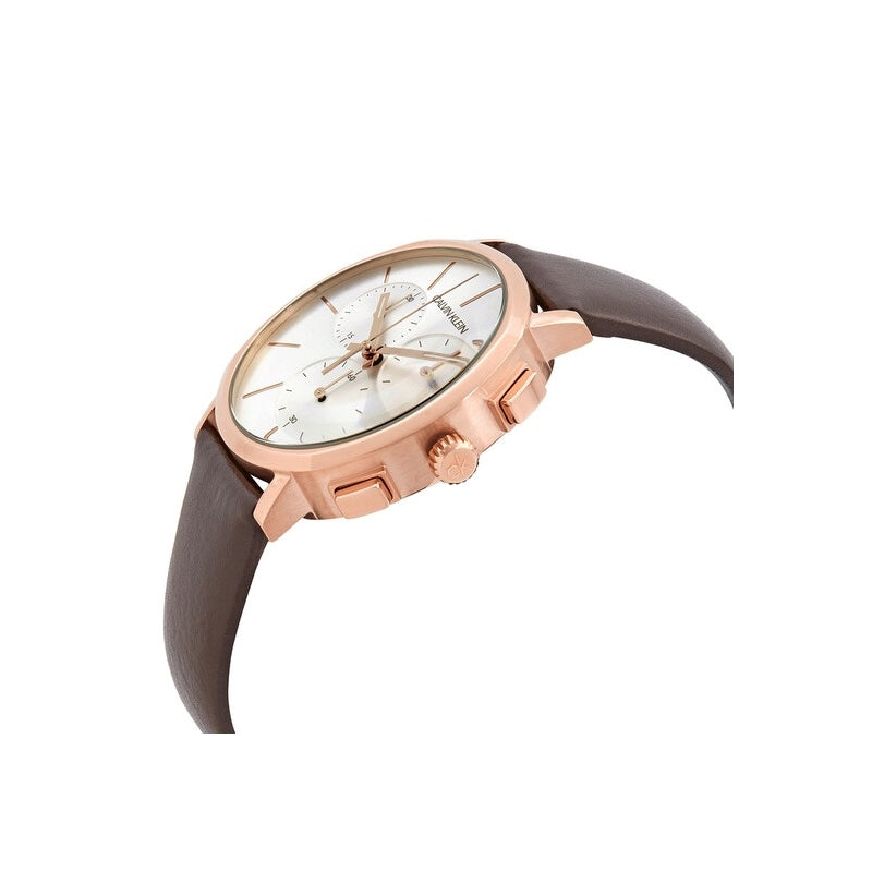  Shop Authentic Calvin Klein Posh Chronograph White Dial Brown Leather Strap Watch for Men - K8Q376G6 - Luxxuri