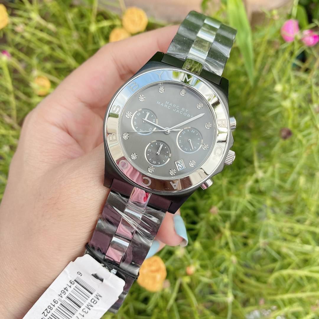 Marc Jacobs Blade Chronograph Black Dial Two Tone Steel Strap Watch for Women - MBM3179