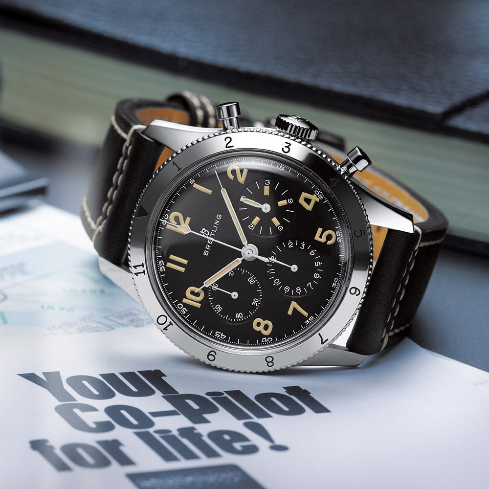  Shop Authentic Breitling Avi Ref. 765 1953 Re-Edition Black Dial Black Leather Strap Watch for Men - AB0920131B1X1 - Luxxuri