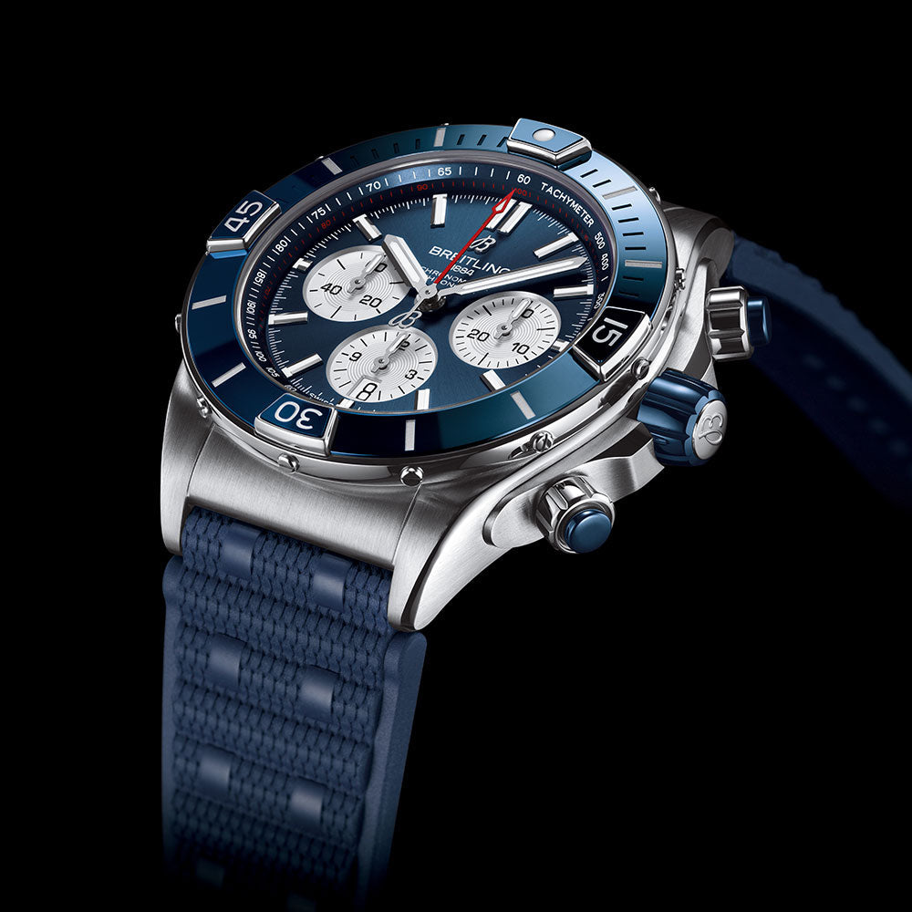  Shop Authentic Breitling Super Chronomat B01 44 Blue Dial Blue Rubber Strap Watch for Men - AB0136161C1S1 - Luxxuri