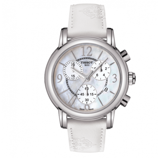  Shop Authentic Tissot Dressport Chronograph Mother of Pearl Dial White Leather Strap Watch for Women - T050.217.17.117.00 - Luxxuri