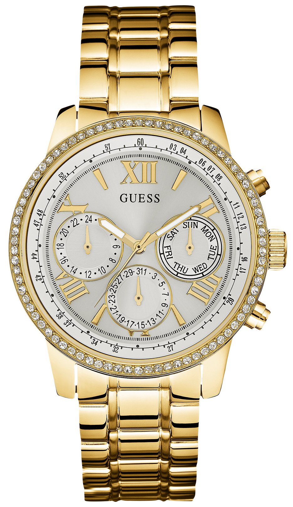  Shop Authentic Guess Multi-function Diamonds White Dial Gold Steel Strap Watch for Women - W0559L2 - Luxxuri