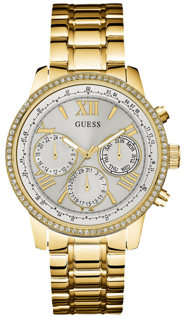  Shop Authentic Guess Multi-function Diamonds White Dial Gold Steel Strap Watch for Women - W0559L2 - Luxxuri