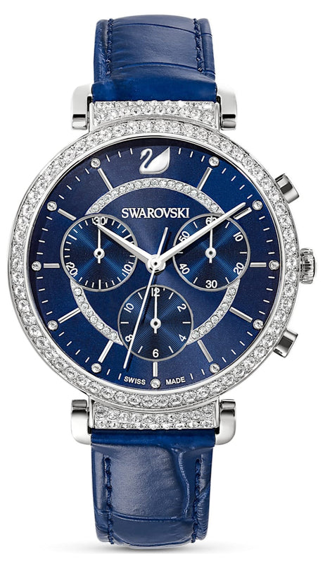  Shop Authentic Swarovski Passage Chrono Crystal Blue Dial Blue Leather Strap Watch for Women - 5580342 - Luxxuri