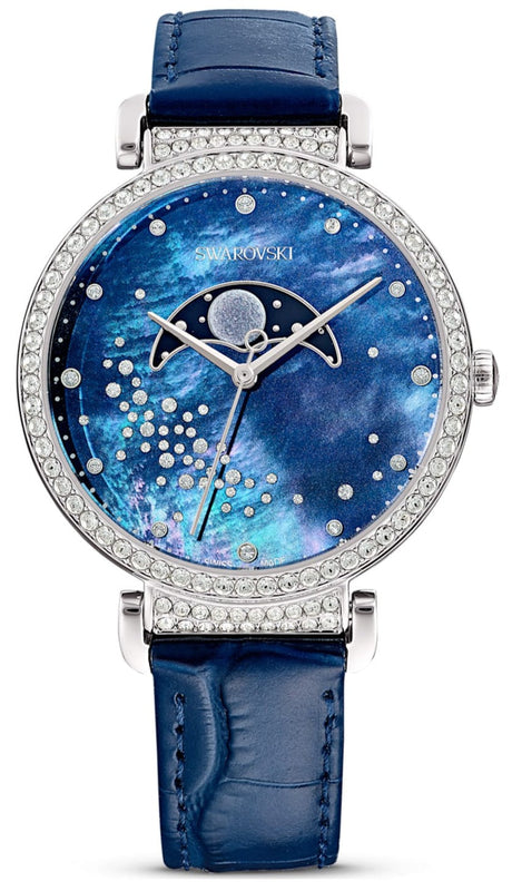 Shop Authentic Swarovski Passage Moon Phase Blue Dial Blue Leather Strap Watch for Women - 5613320 - Luxxuri
