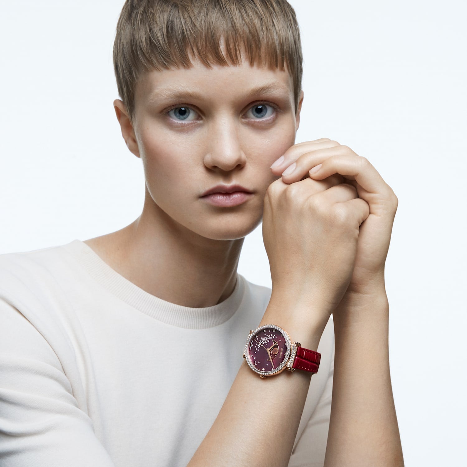 Swarovski Passage Moon Phase Red Dial Red Leather Strap Watch for Women - 5613323