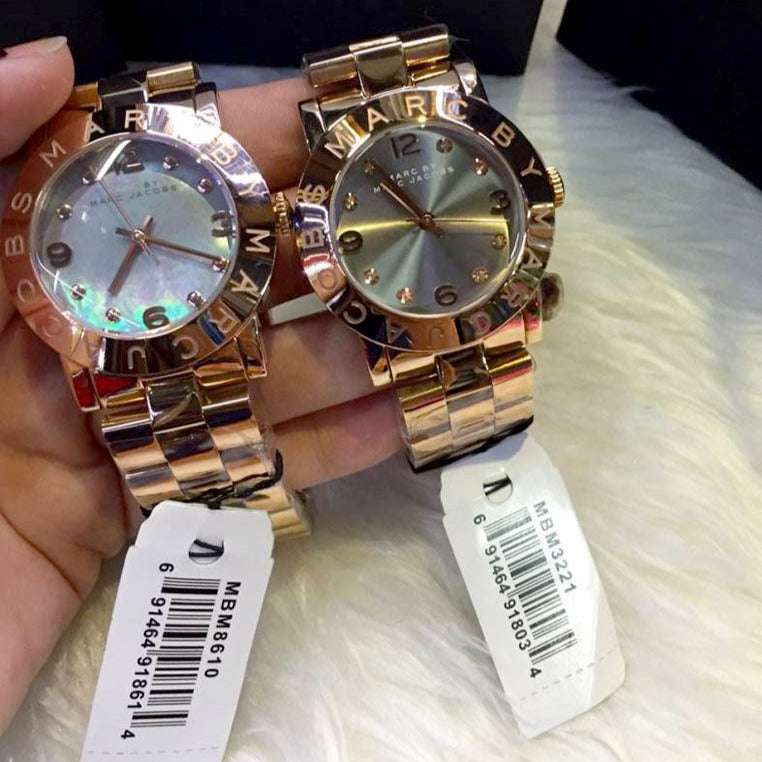 Marc Jacobs Amy Mother of Pearl Black Dial Rose Gold Steel Strap Watch for Women - MBM8610