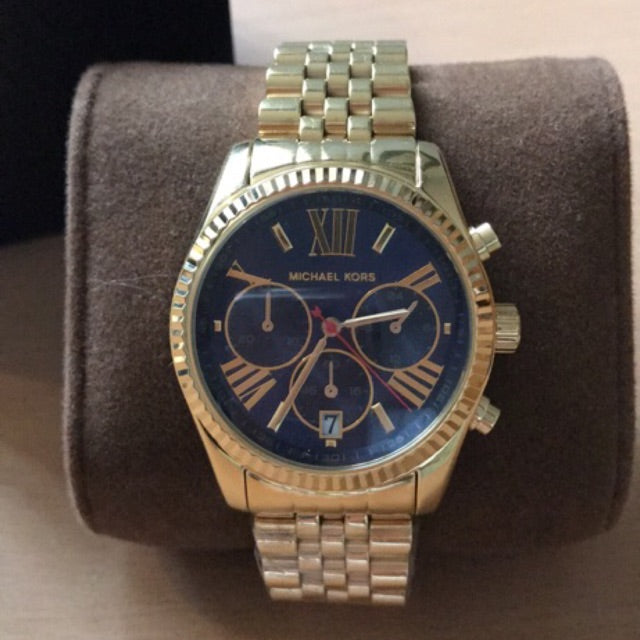 Michael Kors Lexington Chronograph Blue Dial Gold Steel Strap Watch For Women - MK6206