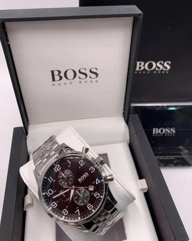  Shop Authentic Hugo Boss Aeroliner Chronograph Black Dial Silver Steel Strap Watch For Men - 1512446 - Luxxuri