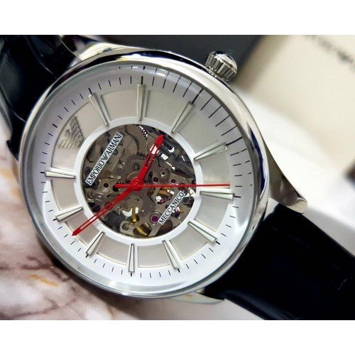  Shop Authentic Emporio Armani Meccanico Silver Skeleton Dial Black Leather Strap Watch For Men - AR2072 - Luxxuri